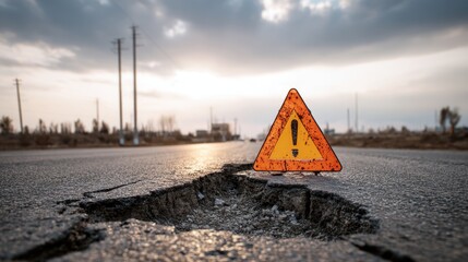 Warning road sign showing big pothole damage on asphalt road
