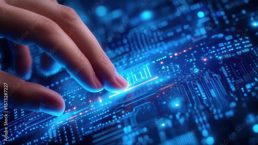 Poster exploring a digital circuit board with a hand reaching towards glowing components in a technology se