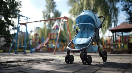 Empty baby stroller parked near playground on sunny day