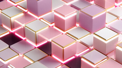 Render 3D de cubos brillantes rosados y blancos con bordes dorados