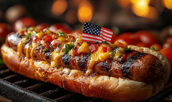 Grilled perfection Patriotism, with a hotdog proudly displays a tiny American Flag - Powered by Adobe
