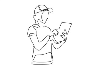 Person Using Tablet in Line