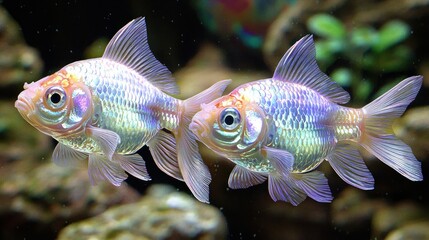 Obraz premium Two iridescent, pale gold and lavender fish swim in a vibrant aquarium. Their fins are translucent, showcasing delicate details. The background suggests a rocky, aquatic environment