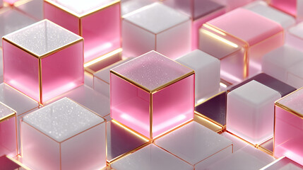 Render 3D de cubos brillantes rosados y blancos con bordes dorados