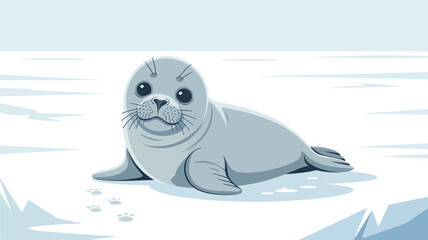 A cute cartoon seal pup rests on the arctic ice with tiny footprints leading away from this adorable mammal.