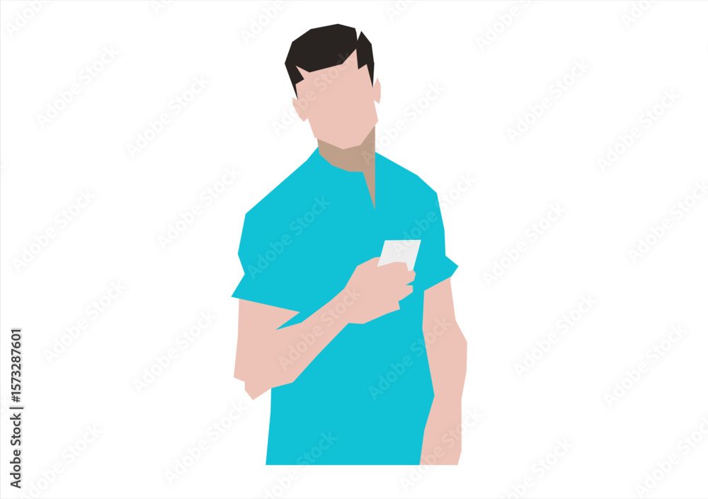 Poster man is holding a smartphone. person and gadget. communication in the network. flat vector illustrati
