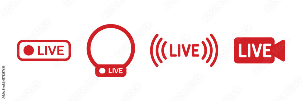 Fototapete collection of four distinct red live streaming icons featuring text and visual indicators on a white