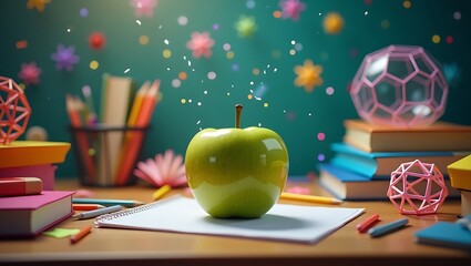 A green apple on a desk with books and school supplies