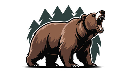 Roaring brown bear illustration with coniferous forest silhouettes in the background, creating a wild, nature-inspired design.