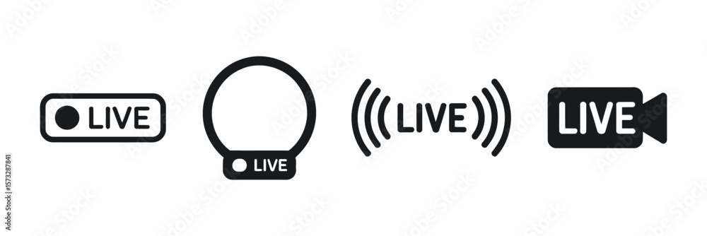 Poster collection of four distinct black and white vector icons representing live streaming and broadcast e