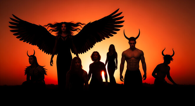 Silhouettes of Mythical Figures and People Against Red Sky