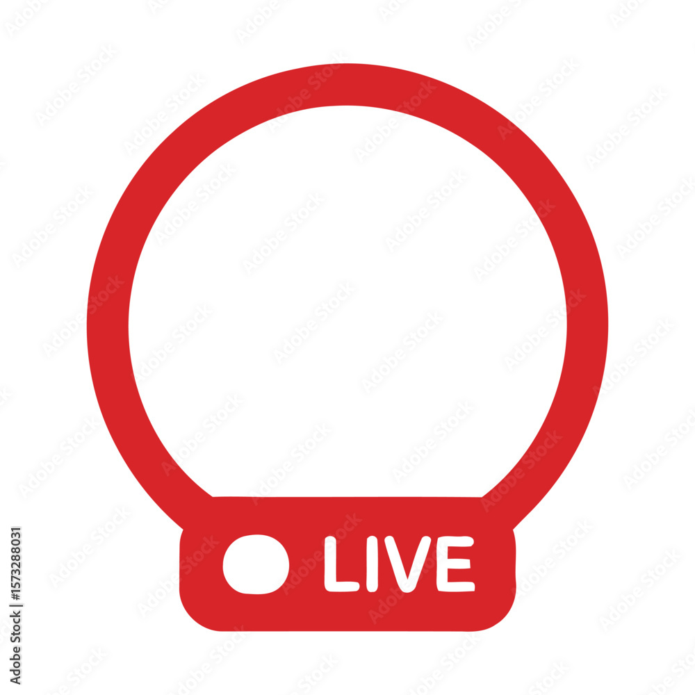 Poster a bright red circle with a white dot and the word live inside a red rectangle below it on a white ba
