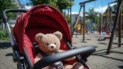 Teddy bear sitting in red stroller at playground on sunny day