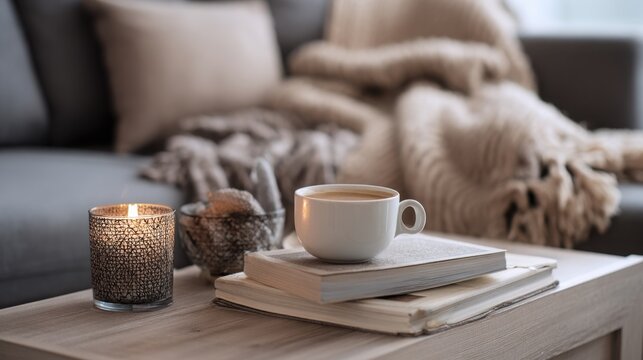 cozy interior detail, coffee table with book, candle, cup of coffee, soft throw on sofa, blurred background - Powered by Adobe