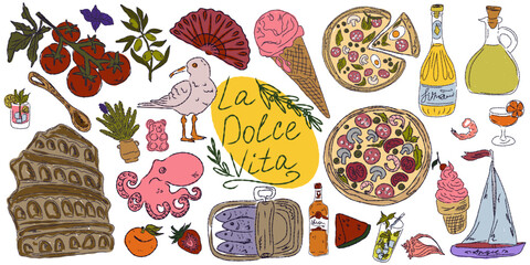 A whimsical set of hand-drawn sketches with splashes of color, Dolce Vita is inspired by the Mediterranean lifestyle. Includes food, drinks, flowers, summer decor and travel items.