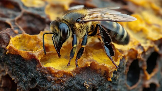 Close view of a honey bee collecting nectar from honeycomb in a vibrant beehive environment during daytime
