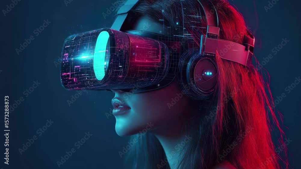 Poster immersive virtual reality experience with futuristic visual effects in a dark setting