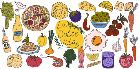 A whimsical set of hand-drawn sketches with splashes of color, Dolce Vita is inspired by the Mediterranean lifestyle. Includes food, drinks, flowers, summer decor and travel items.