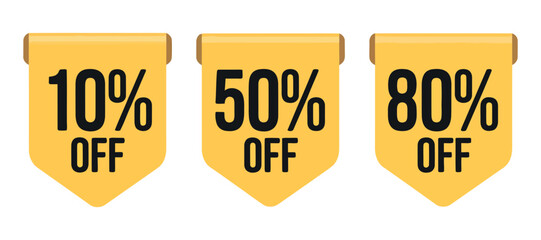 Three distinct yellow sale tags prominently display percentage discounts ten percent fifty percent and eighty percent off