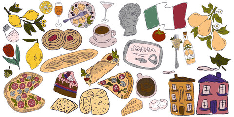 A whimsical set of hand-drawn sketches with splashes of color, Dolce Vita is inspired by the Mediterranean lifestyle. Includes food, drinks, flowers, summer decor and travel items.