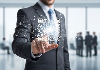 Man in suit touching a glowing digital QR code with connections and data flowing around it