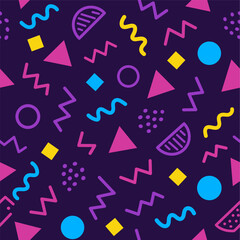 Memphis geometric seamless pattern. Multicolored abstract background. Retro 80s, 90s style. Wallpaper with various shapes circles, semicircles, dots, zigzags, spirals, wavy lines. Cute kid doodle