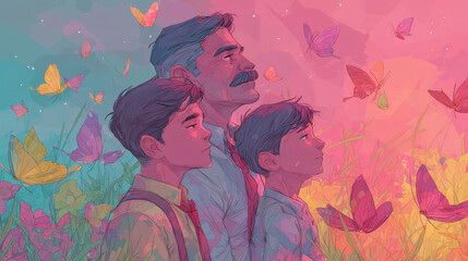Ilustración de padre con sus hijos observando mariposas en un campo colorido