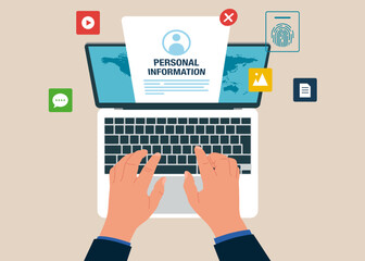 Top view of man working using laptop. Software engineer working on online  Information Hacking. Hacking and exploit results. Flat vector Illustration.