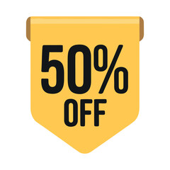 Bold yellow banner with black text announces a fifty percent discount perfect for sales and promotions
