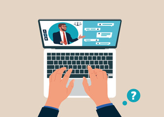Top view of man working using laptop. Remote consulting. Worker uses laptop for consulting with attorney. Video call, digital talk with lawyer online. Legal advice services. Online legal advice. 