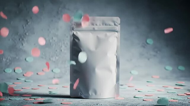 Silver pouch stands amidst falling pink and teal confetti against a textured background scene view