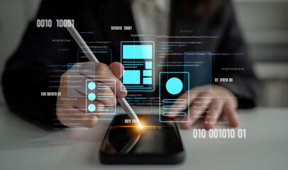 UI UX mockup showing application layout, structure, and code interface. UI design defines user...