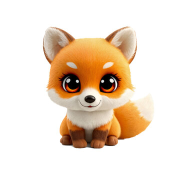 Niedlicher Fuchs im Chibi-Stil, 3D-Illustration mit gro&szlig;en Augen und flauschigem Fell, PNG isoliert auf transparentem Hintergrund