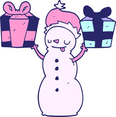 cartoon snowman with present in bright neon color