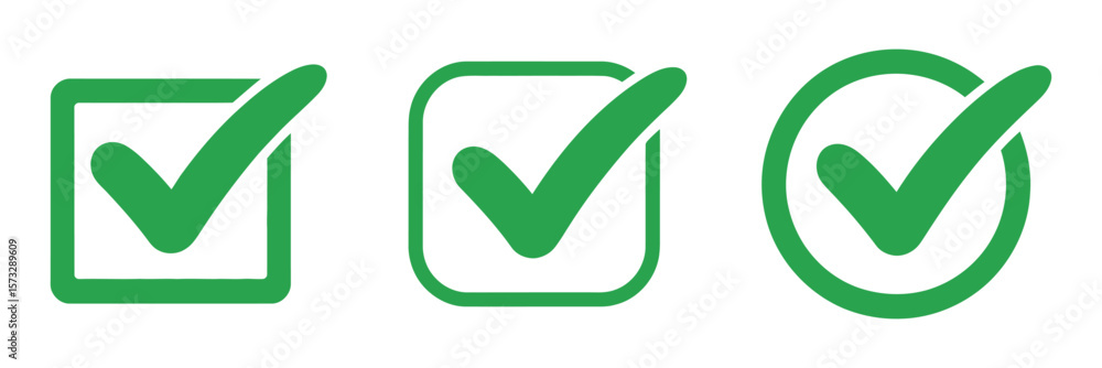 Poster collection of three green checkmark icons in different styles including a rounded square a sharp squ