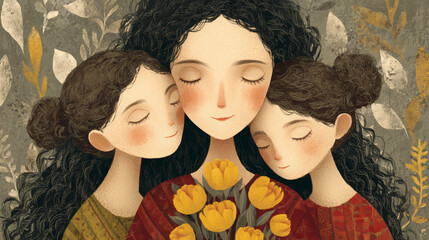 Ilustración de madre abrazando a sus hijas con flores amarillas