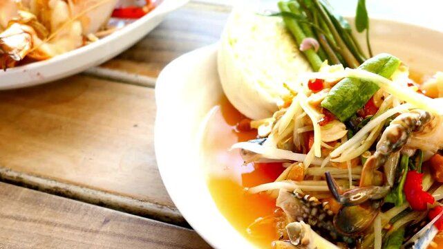 Thai papaya salad with crab on a white plate on wooden table