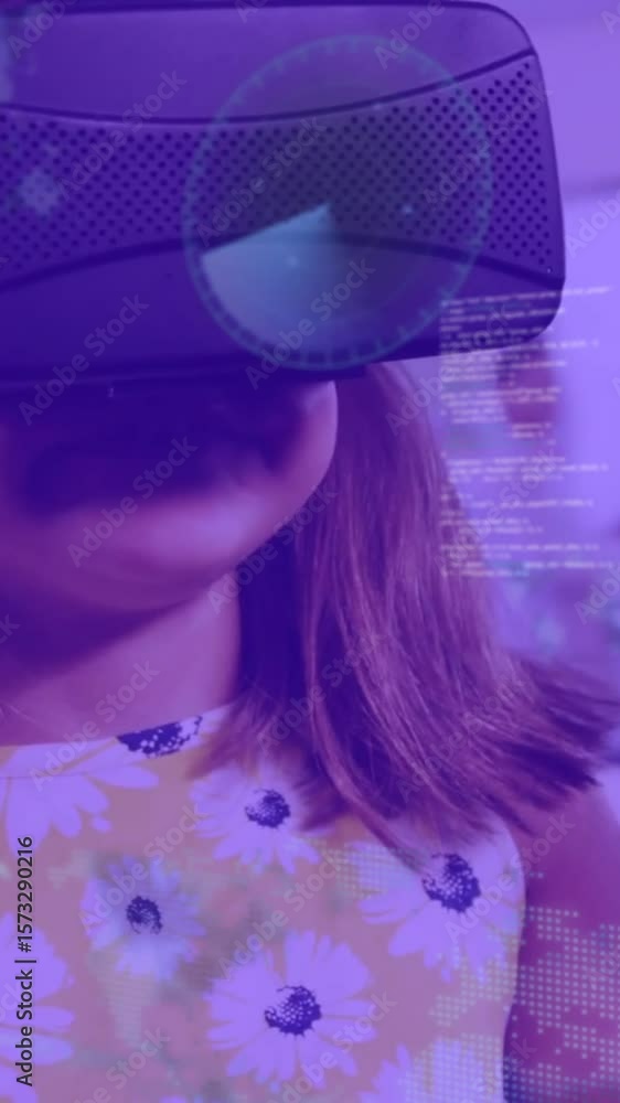 Poster animation of soundwaves, sonar and computer language over caucasian girl using vr headsets