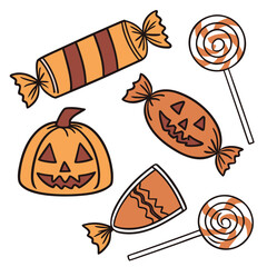 A collection of festive halloween treats including wrapped candies with pumpkin faces and striped designs and orange and white swirl lollipops on a white background
