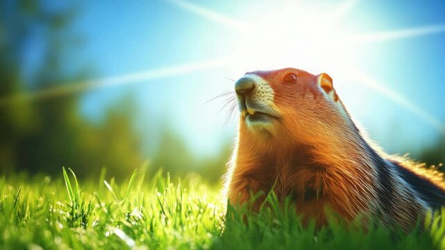 Cute pine gnome in sunlight, sitting on grassy area of forest floor.