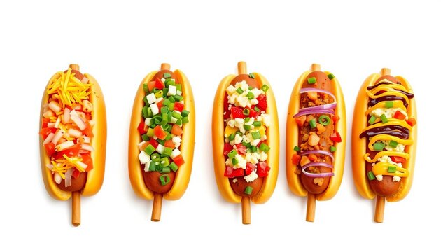 Four corn dogs with various toppings, isolated on white,  selection,  relish