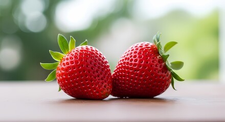 Pair of fresh strawberries gleam against a soft green backdrop offering a taste of summer fruits and garden delights.
