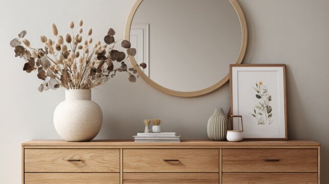 interior decor detail, wooden dresser with round mirror, vase with dried flowers, framed photo - Powered by Adobe