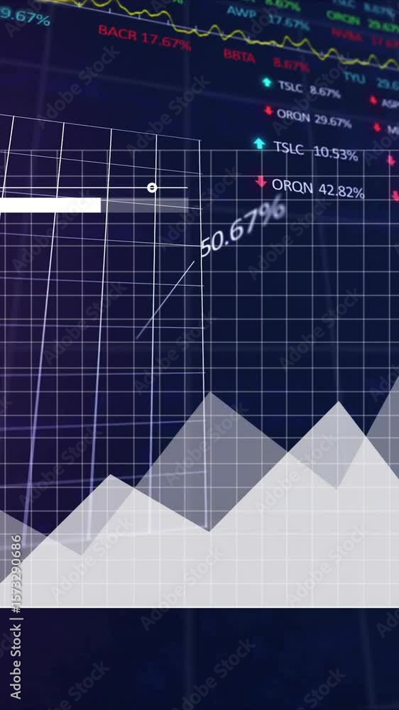 Poster animation of multiple graphs and trading board moving on abstract background