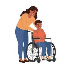 Woman with disabled child smiling. Flat vector isolated on transparent background