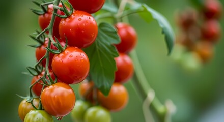 Ripening cherry tomatoes adorn a vine with vibrant red fruits, showcasing fresh produce in an organic vegetable garden setting.