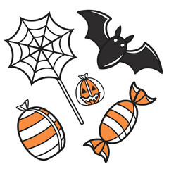 A festive collection of halloween icons including a black bat a spider web on a stick a carved pumpkin and striped candies perfect for seasonal decorations and party invitations