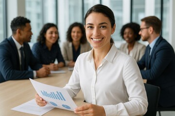 Poised Leader: A composed business leader, with a genuine smile, confidently reviews a business chart amidst a supportive, multicultural team. The image radiates professionalism and optimism.