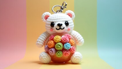 3D teddy bear keychain with colorful bolls on tummy  