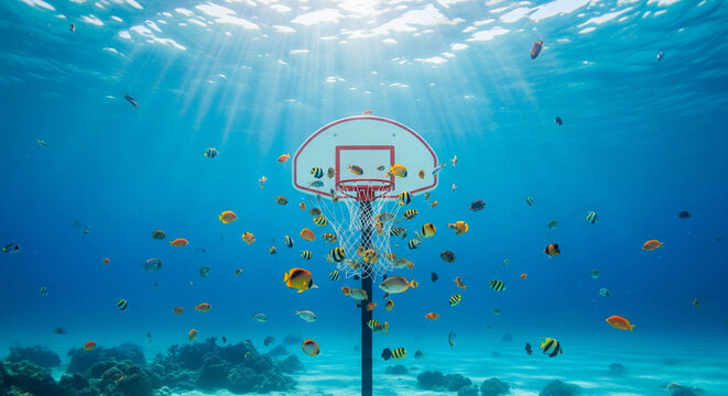 Underwater basketball hoop surrounded by tropical fish creates a surreal and vibrant aquatic scene. - Powered by Adobe